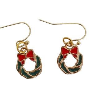 Gold Christmas Wreath Enamel Dangle Earrings | Red Bow